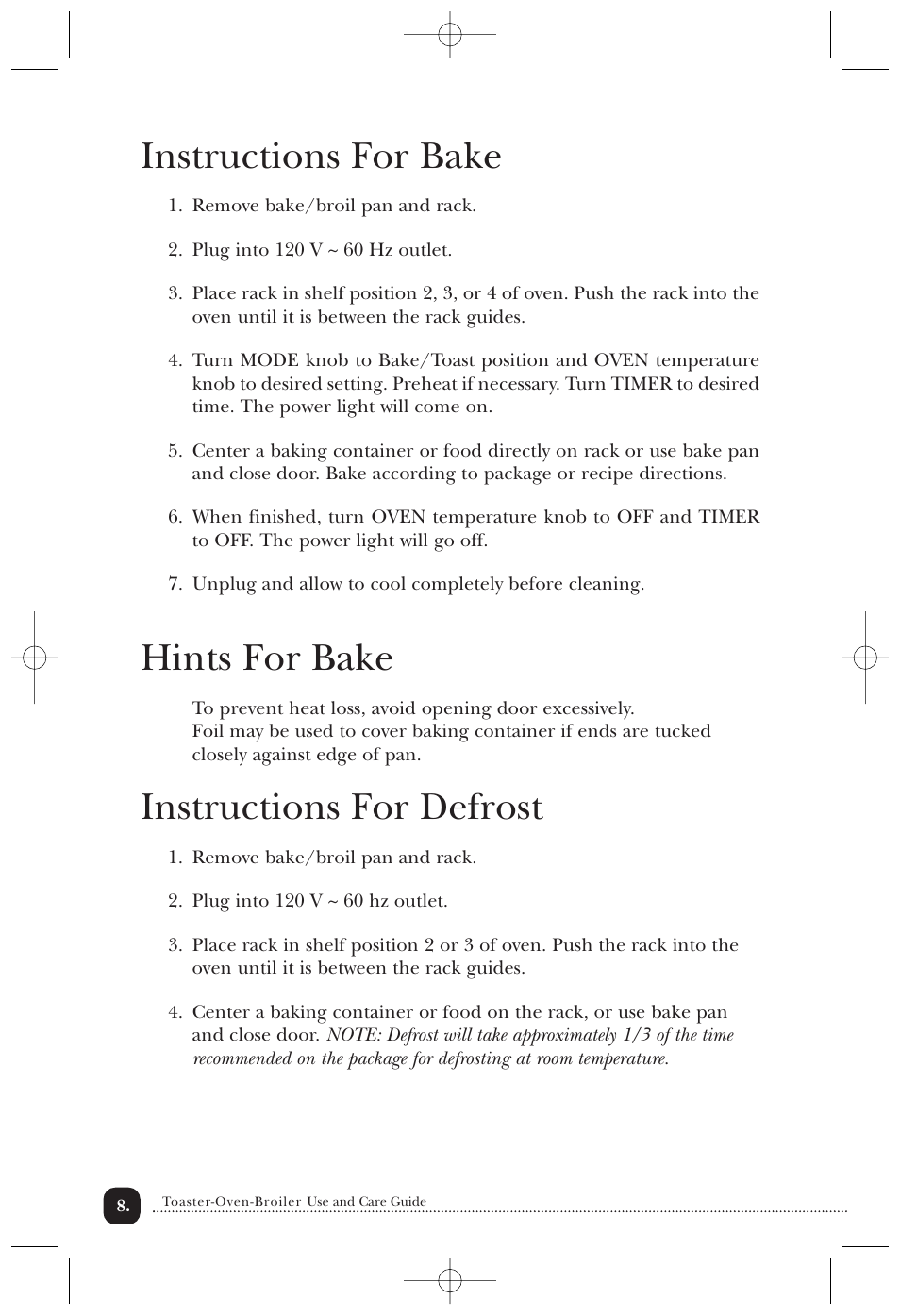 Instructions for bake, Hints for bake, Instructions for defrost | Toastmaster 354 User Manual | Page 9 / 14
