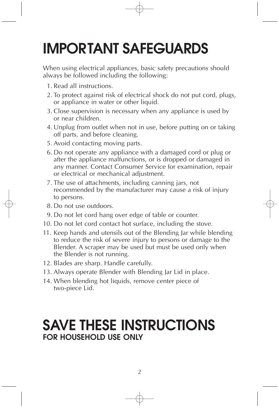 Important safeguards, Save these instructions | Toastmaster TMBL2 User Manual | Page 2 / 9