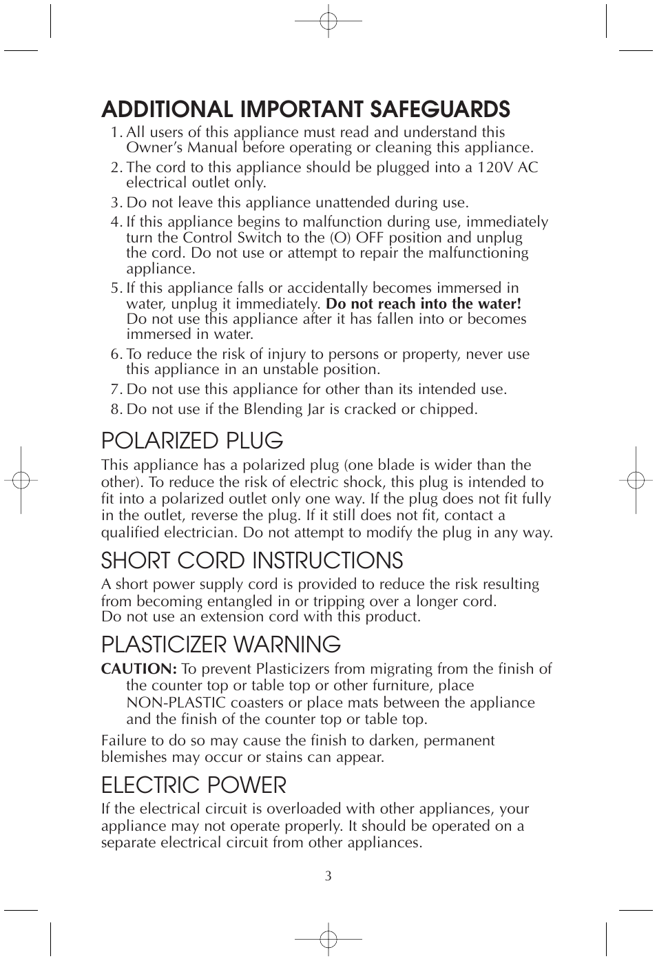 Additional important safeguards, Polarized plug, Short cord instructions | Plasticizer warning, Electric power | Toastmaster TMBL2 User Manual | Page 3 / 9