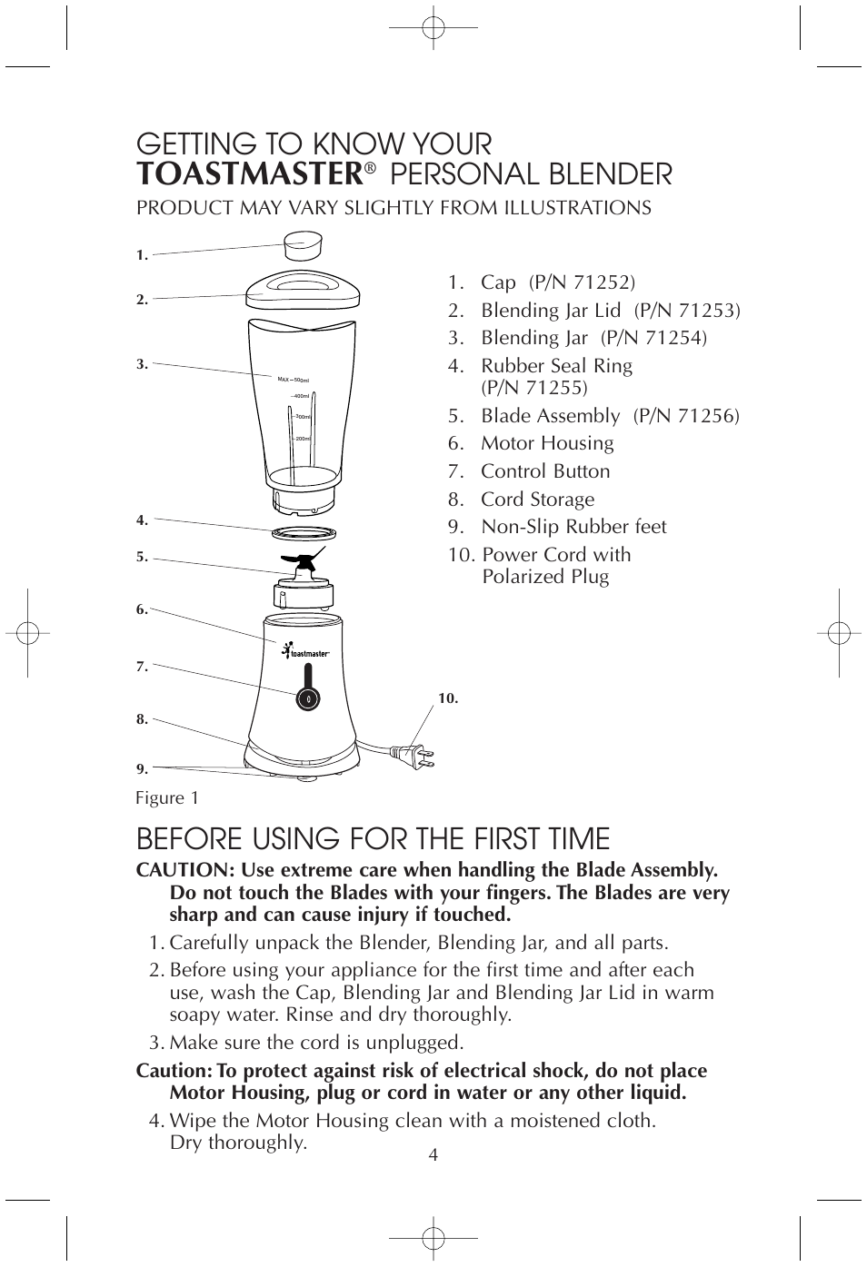 Toastmaster, Getting to know your, Personal blender | Before using for the first time | Toastmaster TMBL2 User Manual | Page 4 / 9