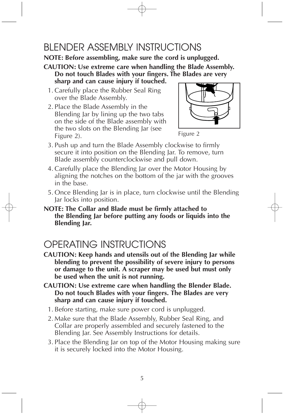Blender assembly instructions, Operating instructions | Toastmaster TMBL2 User Manual | Page 5 / 9