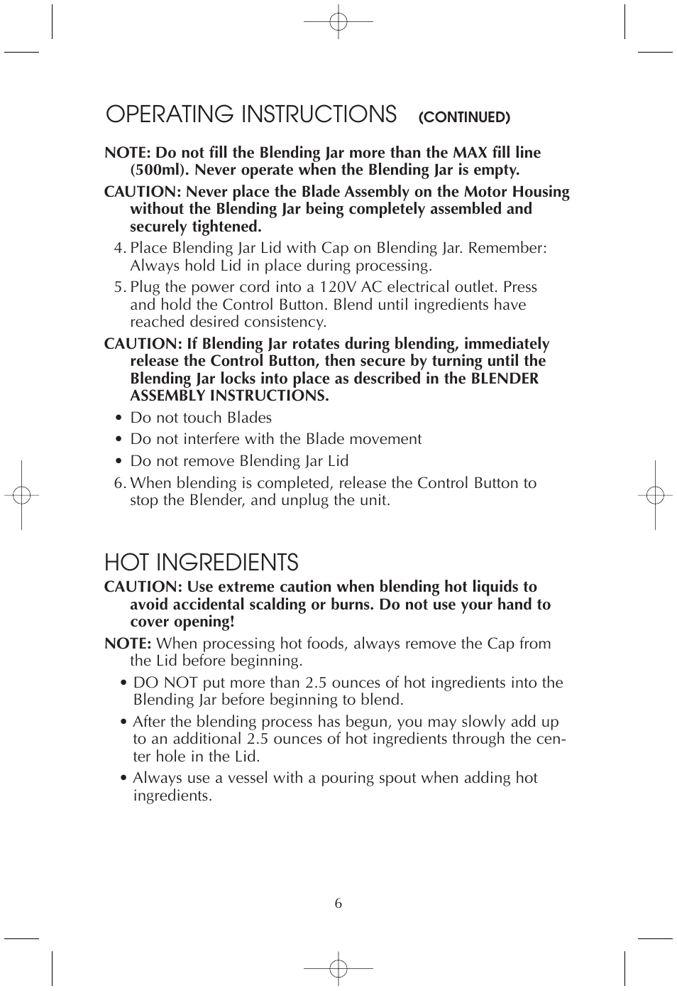 Hot ingredients, Operating instructions | Toastmaster TMBL2 User Manual | Page 6 / 9