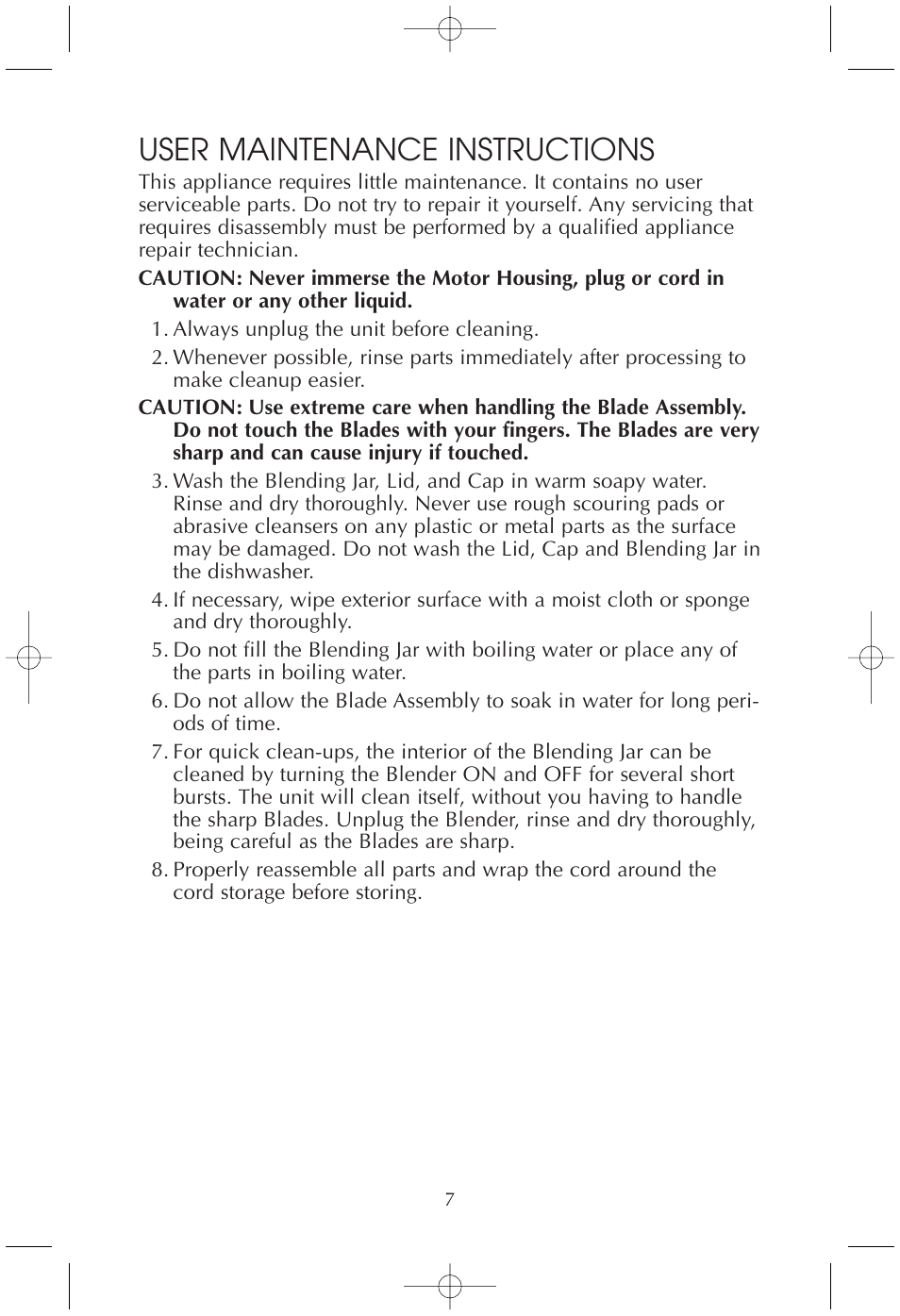 User maintenance instructions | Toastmaster TMBL2 User Manual | Page 7 / 9