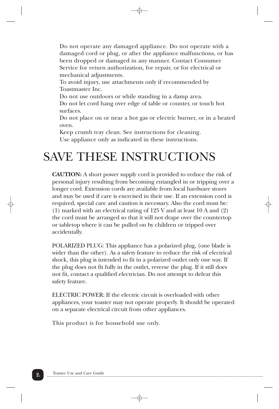 Save these instructions | Toastmaster T2020B User Manual | Page 3 / 9