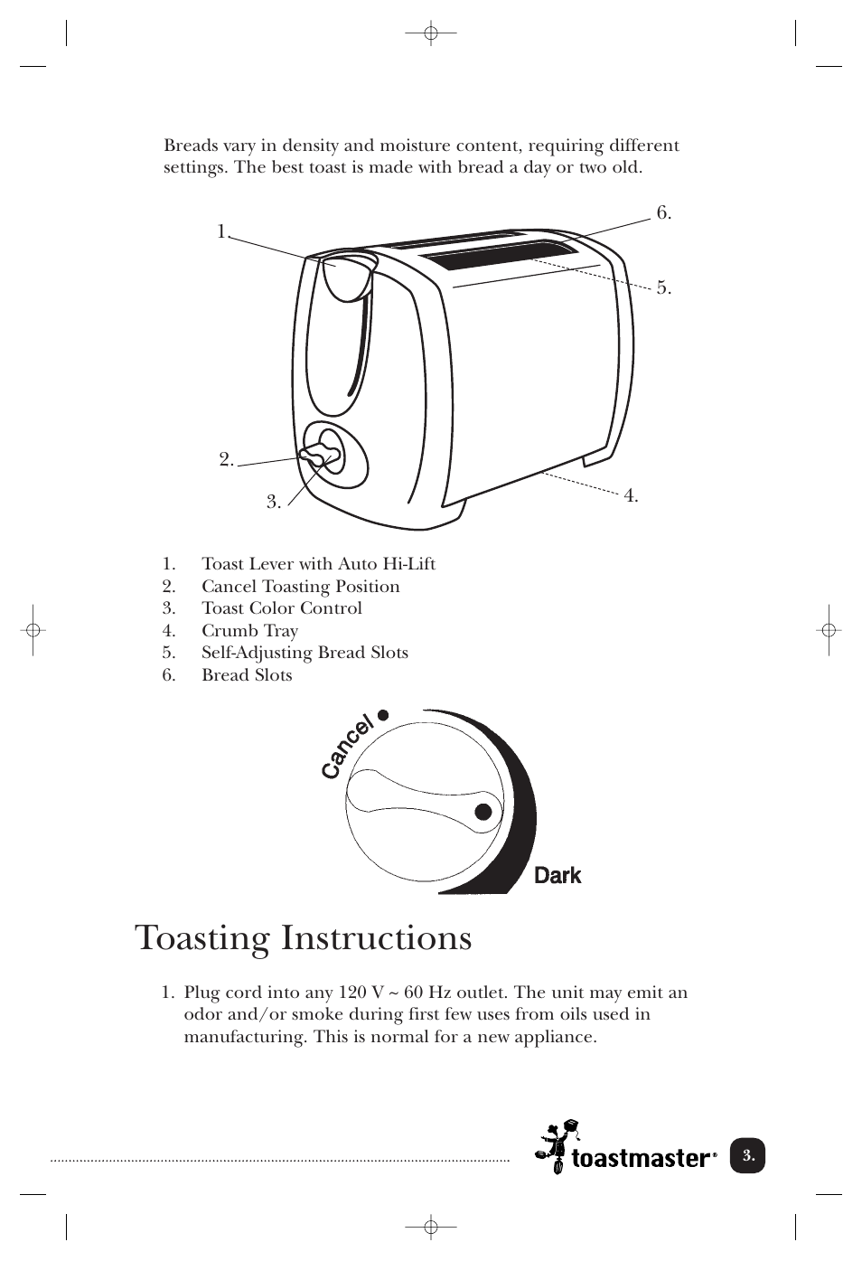 Toasting instructions | Toastmaster T2020B User Manual | Page 4 / 9