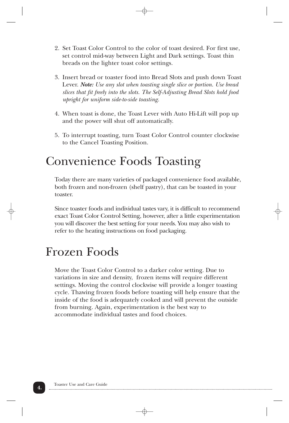 Convenience foods toasting, Frozen foods | Toastmaster T2020B User Manual | Page 5 / 9