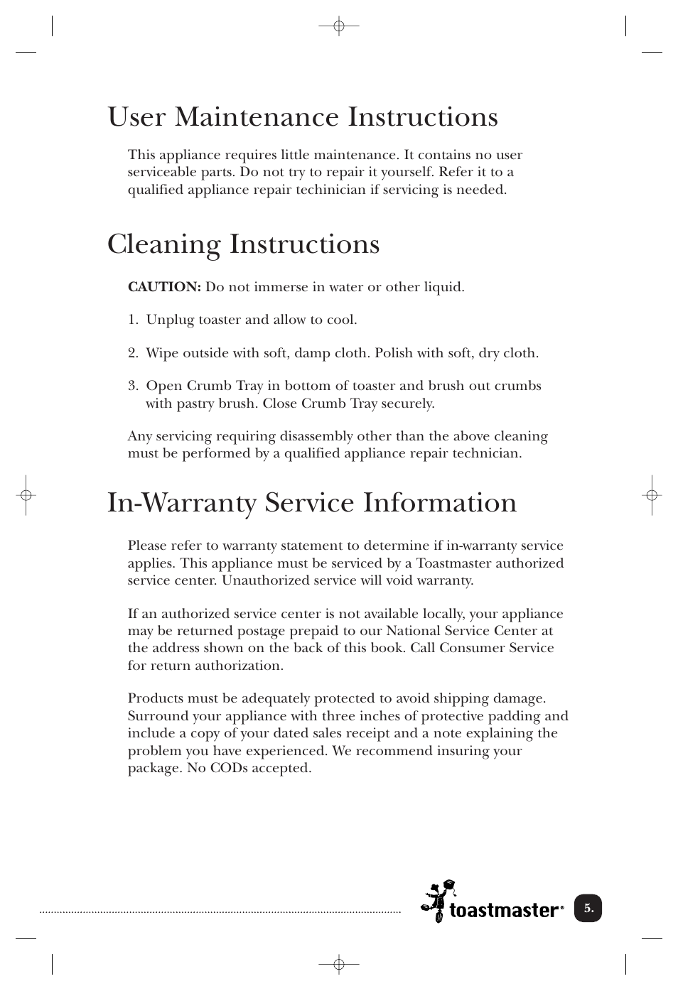 User maintenance instructions, Cleaning instructions, In-warranty service information | Toastmaster T2020B User Manual | Page 6 / 9