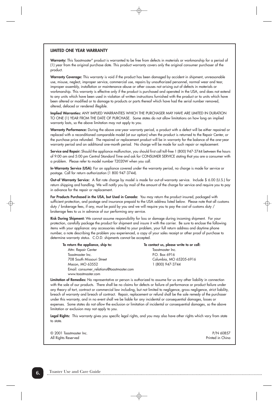 Toastmaster T2020B User Manual | Page 7 / 9
