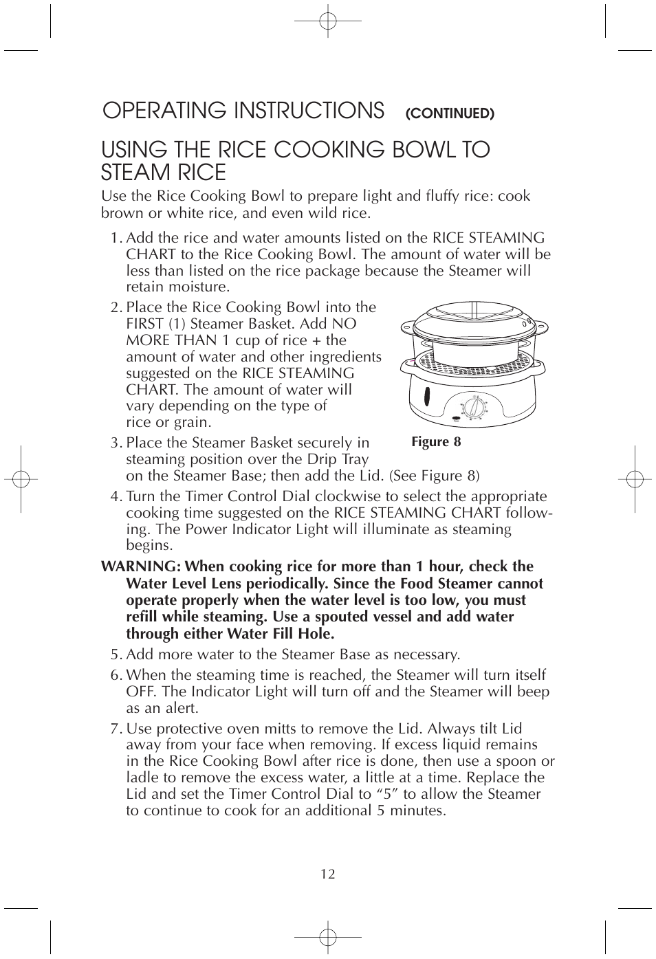 Using the rice cooking bowl to steam rice, Operating instructions | Toastmaster TMFS4401 User Manual | Page 12 / 24