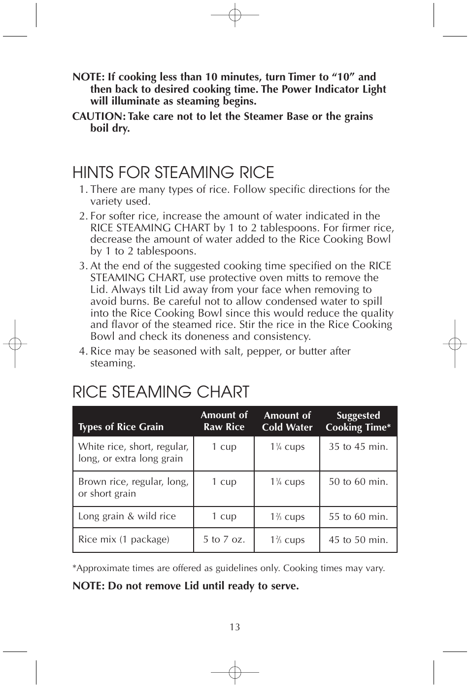 Hints for steaming rice, Rice steaming chart | Toastmaster TMFS4401 User Manual | Page 13 / 24