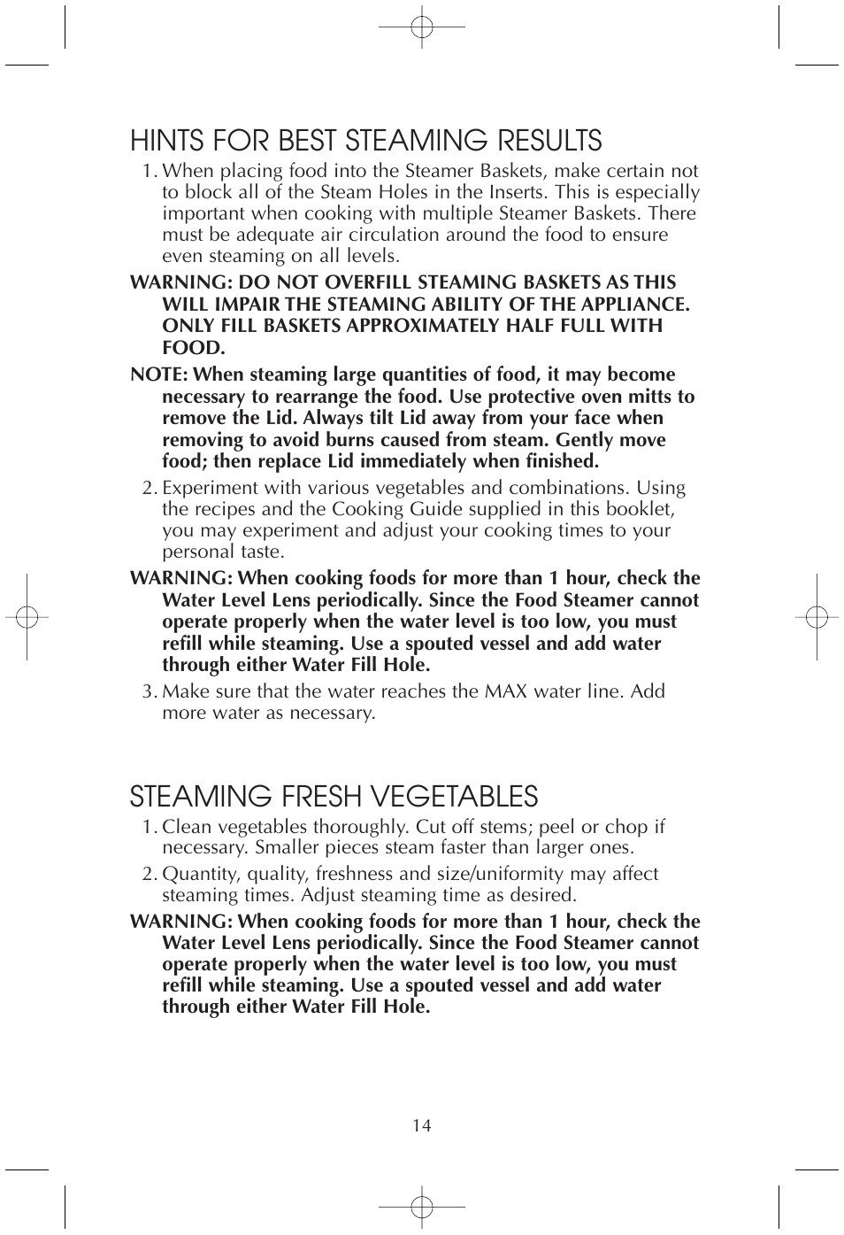 Hints for best steaming results, Steaming fresh vegetables | Toastmaster TMFS4401 User Manual | Page 14 / 24