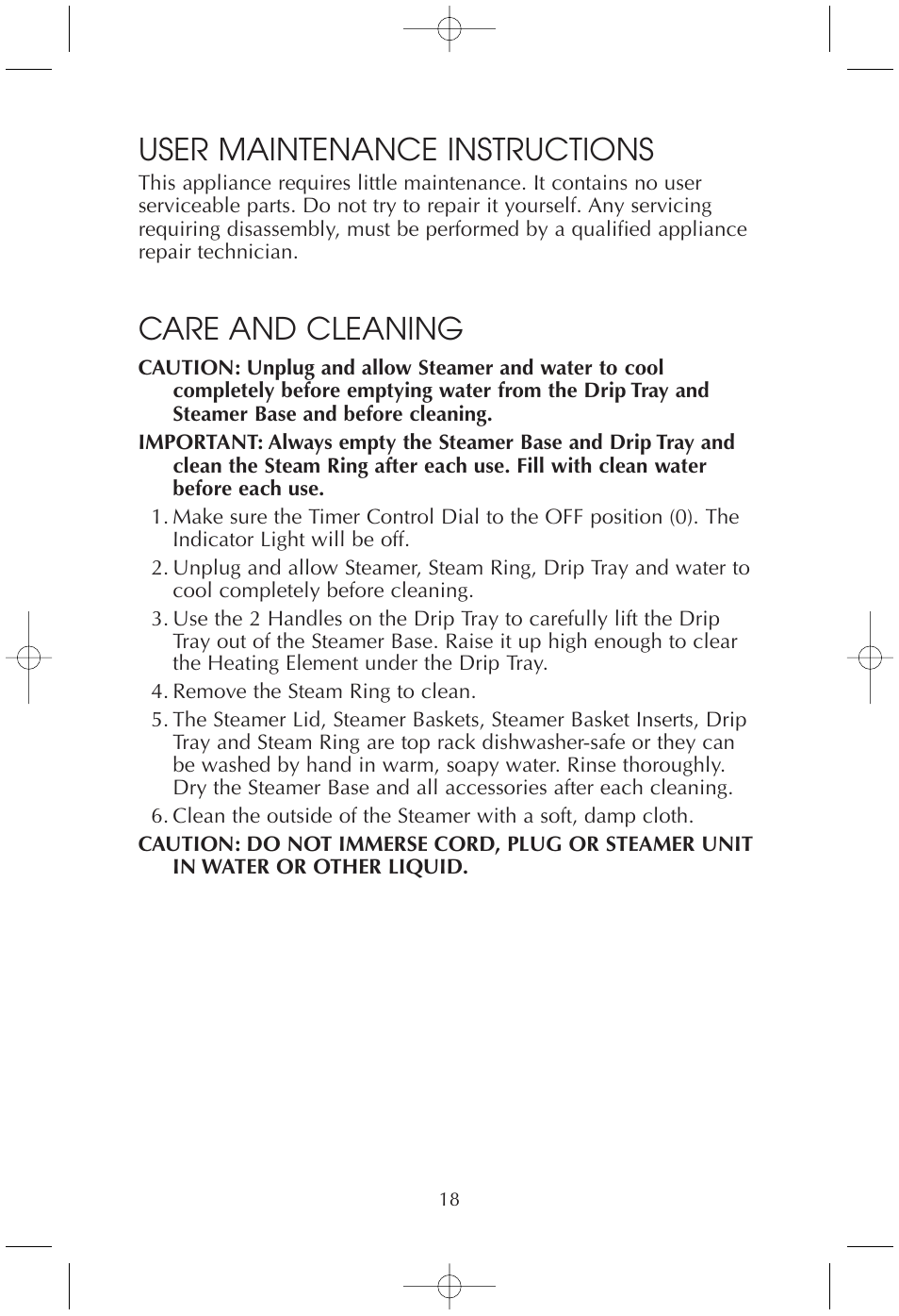 User maintenance instructions, Care and cleaning | Toastmaster TMFS4401 User Manual | Page 18 / 24