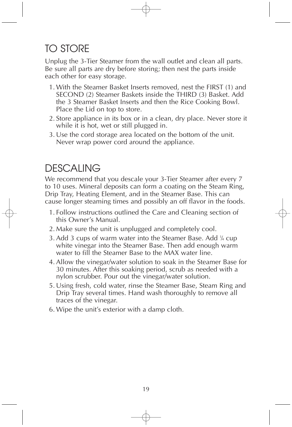 Descaling | Toastmaster TMFS4401 User Manual | Page 19 / 24