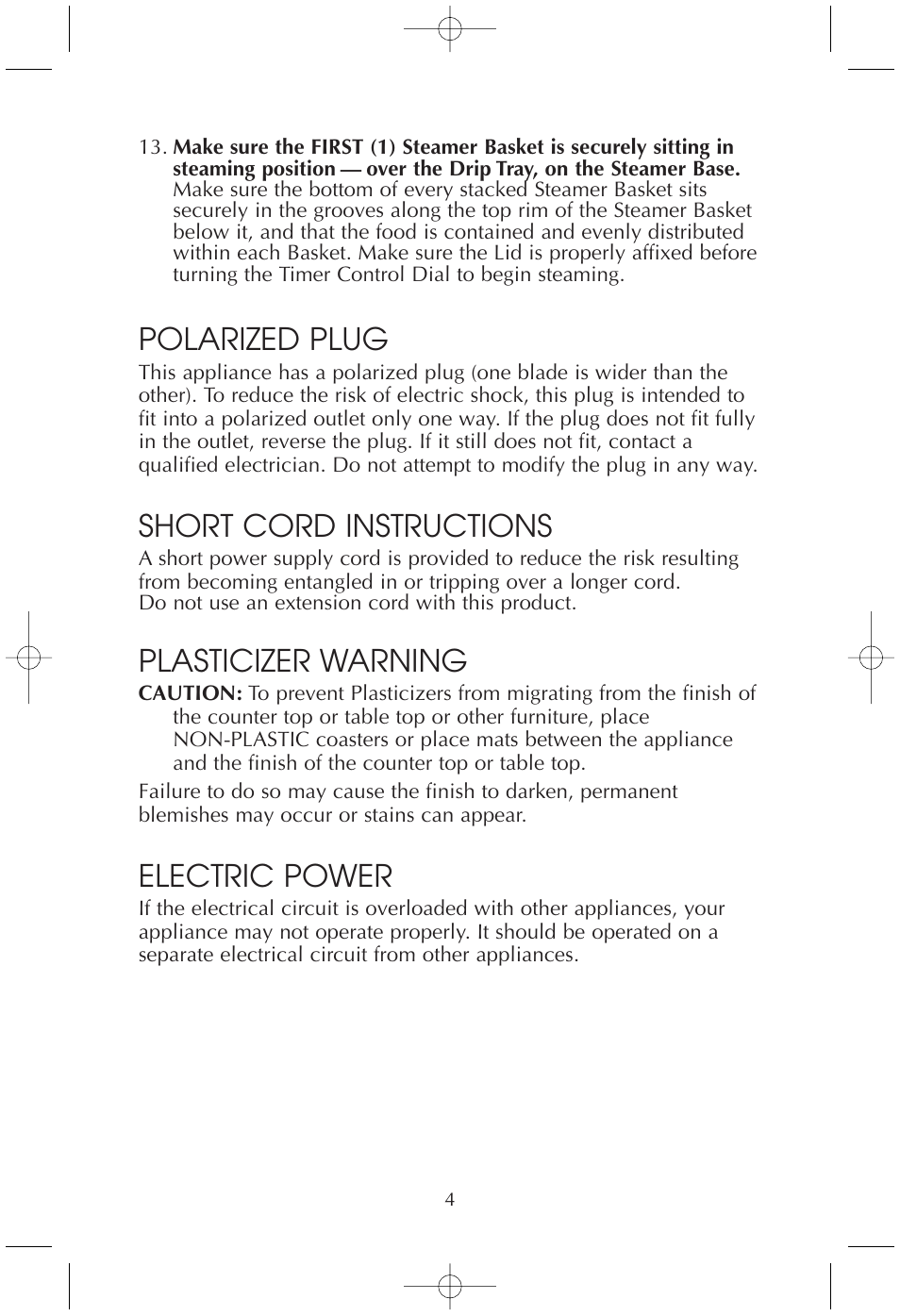 Polarized plug, Short cord instructions, Plasticizer warning | Electric power | Toastmaster TMFS4401 User Manual | Page 4 / 24