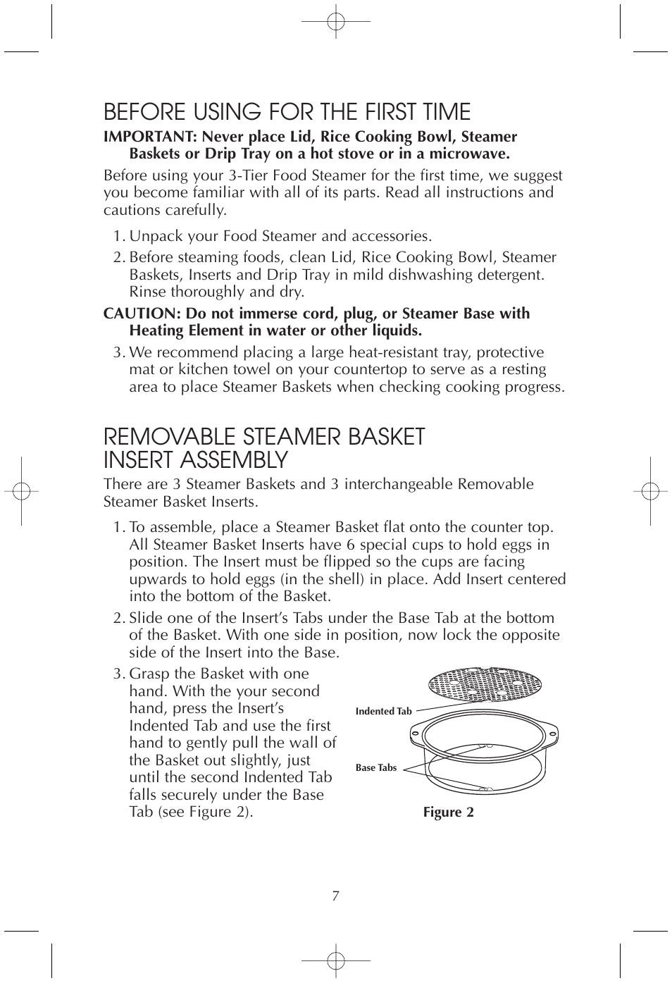 Before using for the first time, Removable steamer basket insert assembly | Toastmaster TMFS4401 User Manual | Page 7 / 24