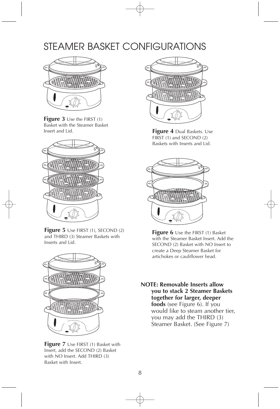 Steamer basket configurations | Toastmaster TMFS4401 User Manual | Page 8 / 24