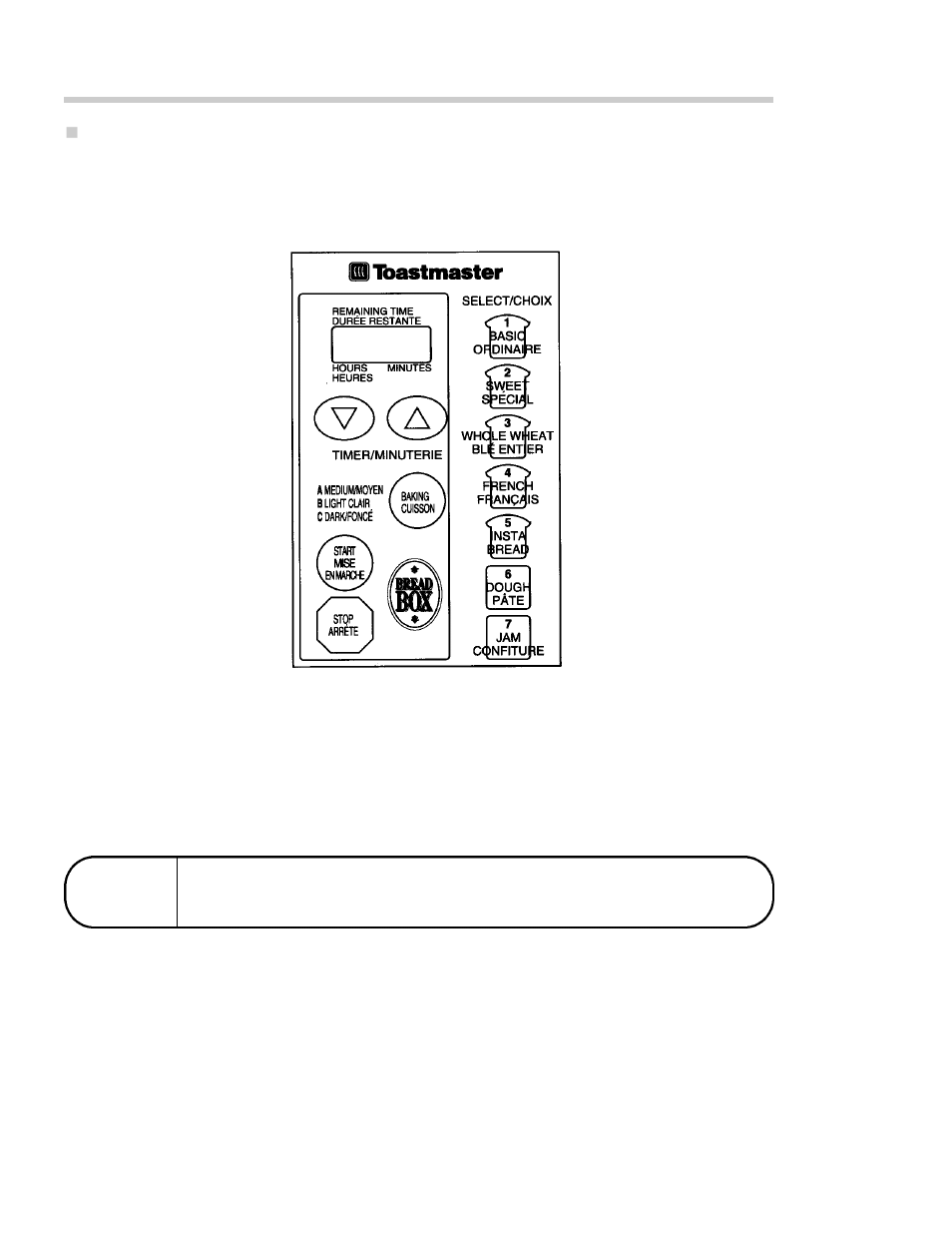 Control panel - model 1188 shown | Toastmaster 1188 User Manual | Page 6 / 63