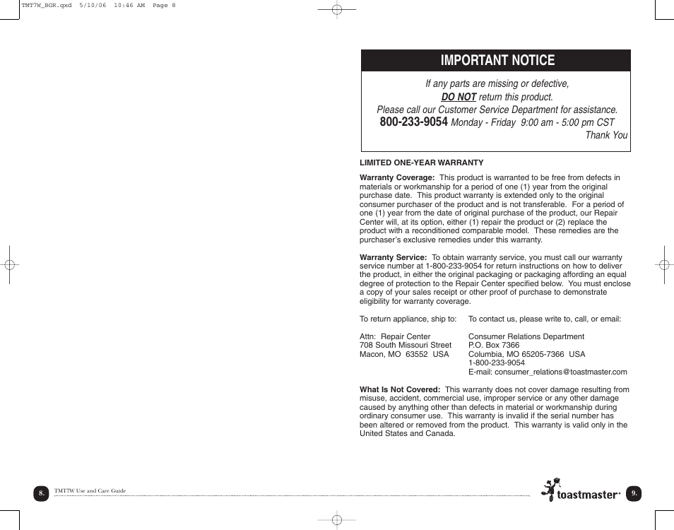 Important notice | Toastmaster TMT7W User Manual | Page 10 / 12