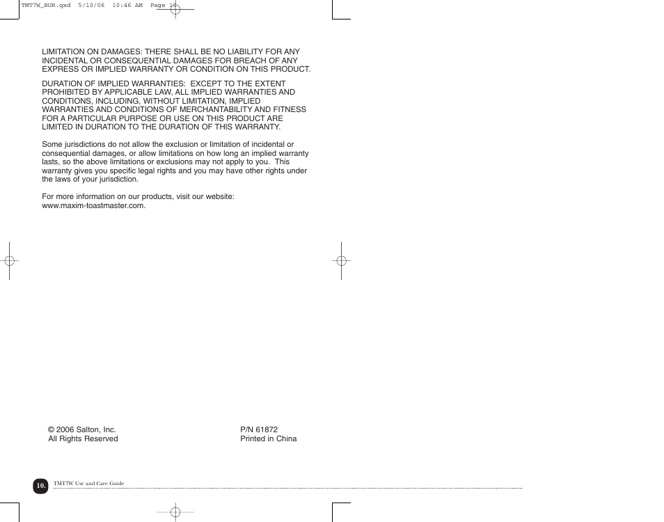 Toastmaster TMT7W User Manual | Page 11 / 12