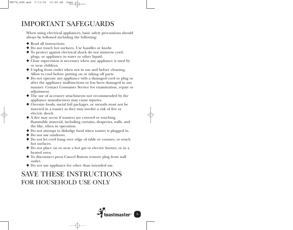 Important safeguards, Save these instructions, For household use only | Toastmaster TMT7W User Manual | Page 2 / 12