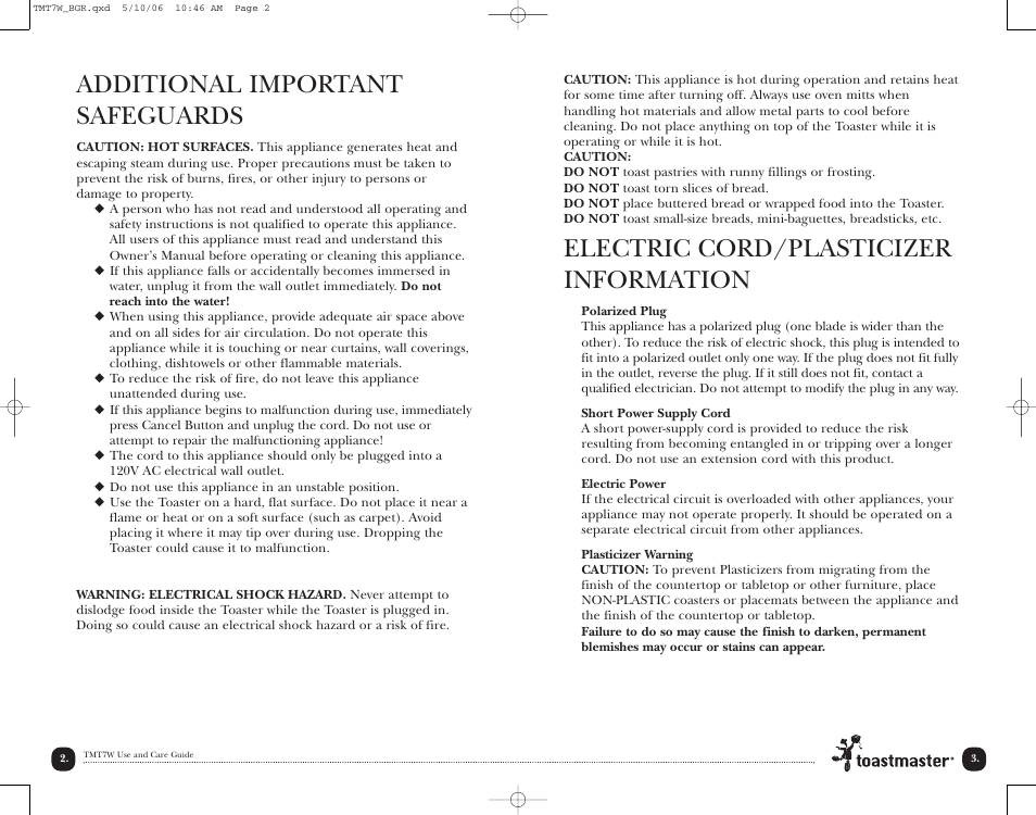 Additional important safeguards, Electric cord/plasticizer information | Toastmaster TMT7W User Manual | Page 4 / 12