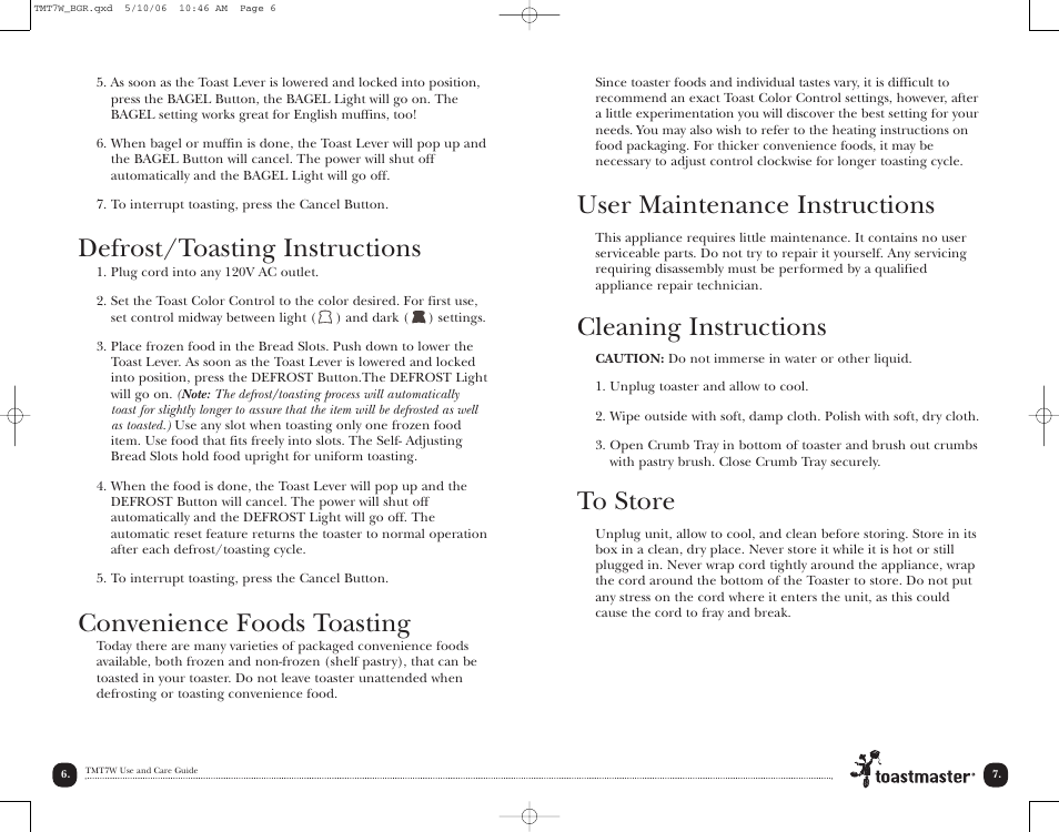 User maintenance instructions, Cleaning instructions, Defrost/toasting instructions | Convenience foods toasting | Toastmaster TMT7W User Manual | Page 7 / 12