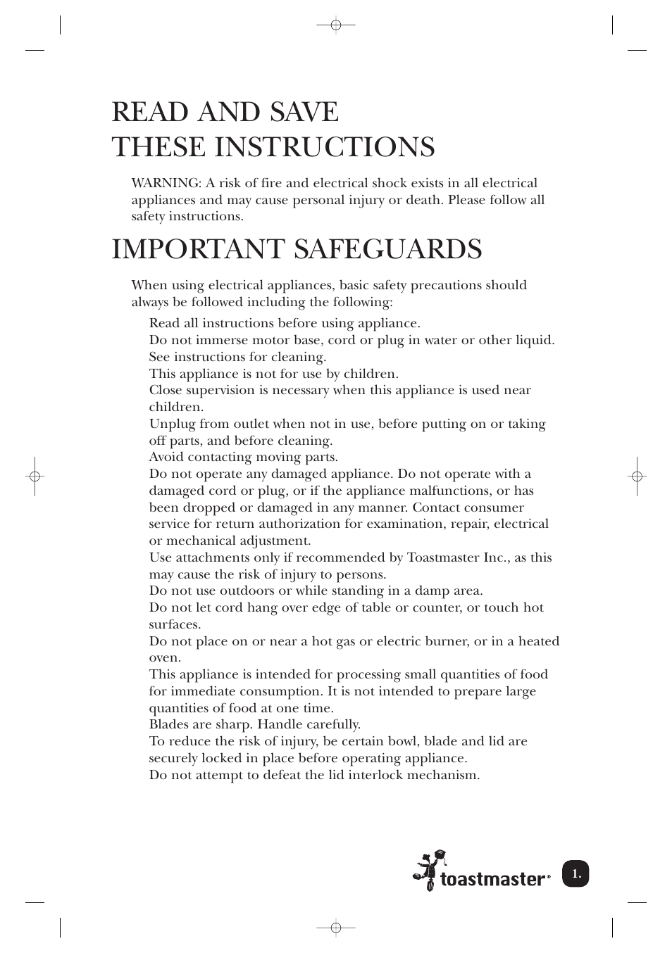 Read and save these instructions, Important safeguards | Toastmaster 118 User Manual | Page 2 / 9