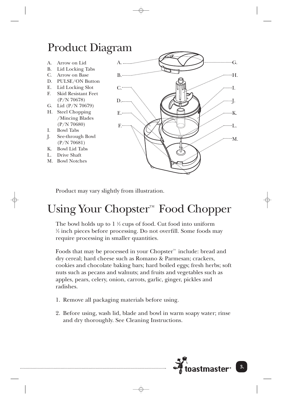 Product diagram, Using your chopster, Food chopper | Toastmaster 118 User Manual | Page 4 / 9