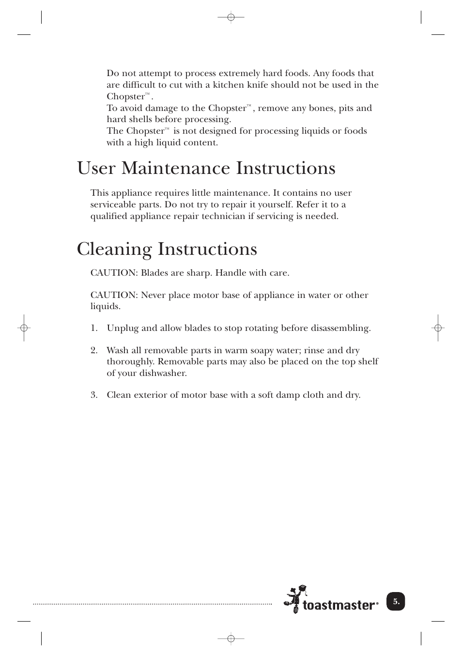 User maintenance instructions, Cleaning instructions | Toastmaster 118 User Manual | Page 6 / 9