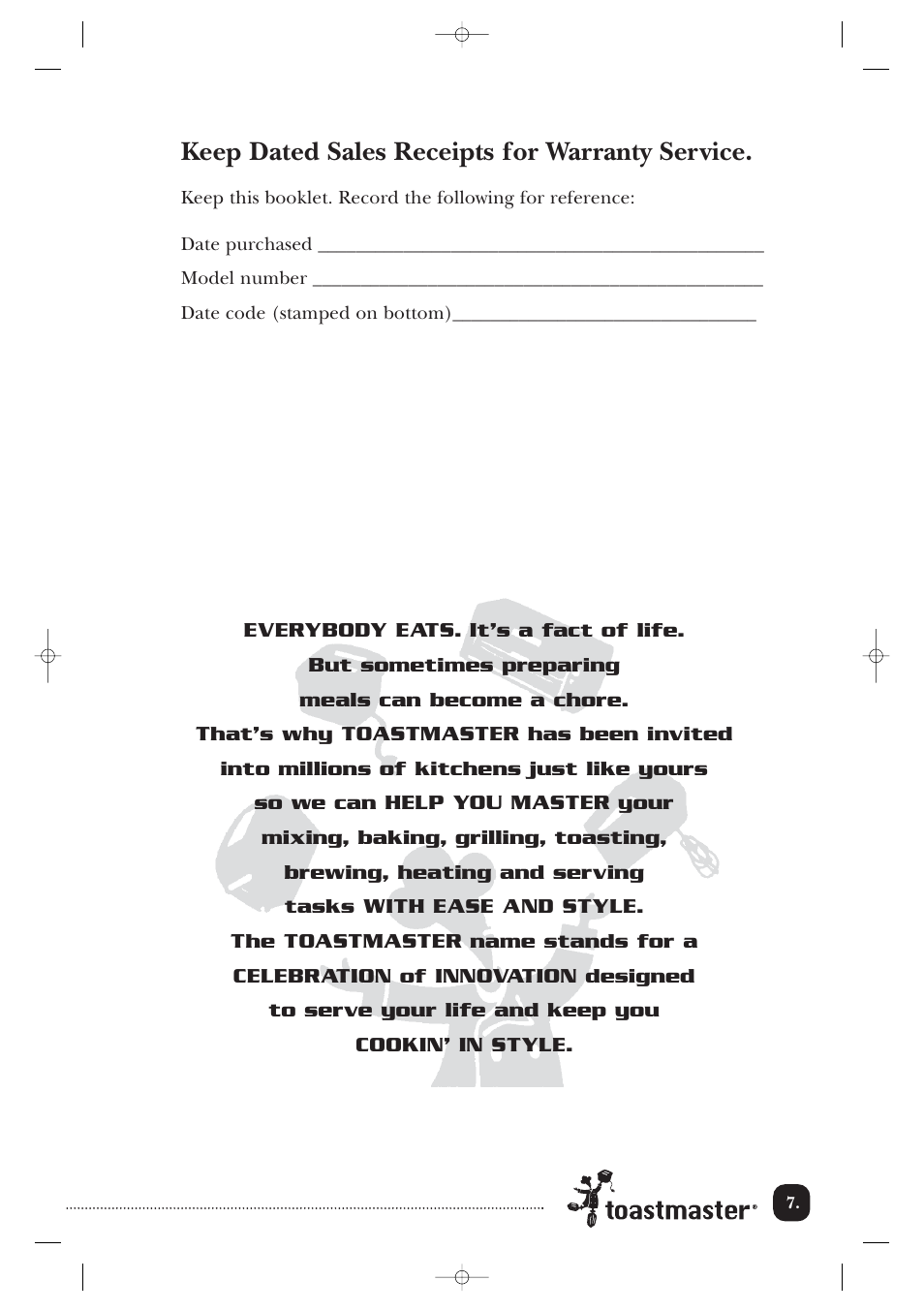 Keep dated sales receipts for warranty service | Toastmaster 118 User Manual | Page 8 / 9