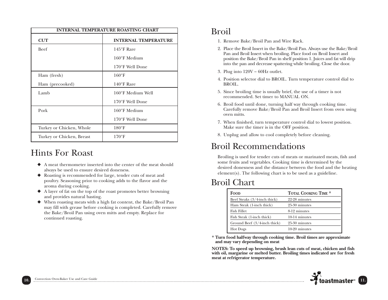 Broil, Broil recommendations, Broil chart | Hints for roast | Toastmaster TCOV6R User Manual | Page 11 / 33