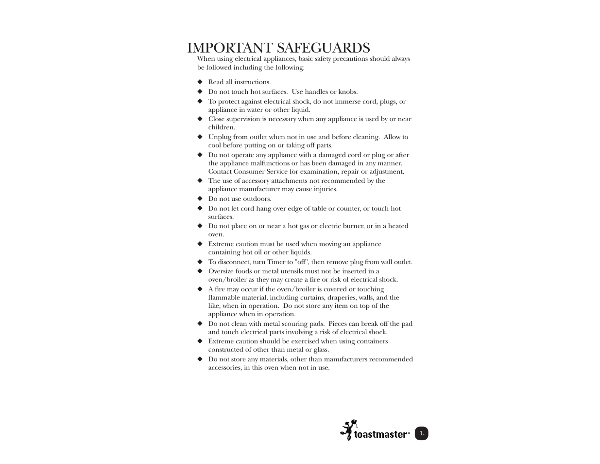 Important safeguards | Toastmaster TCOV6R User Manual | Page 2 / 33