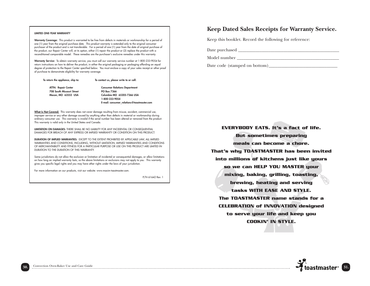 Keep dated sales receipts for warranty service | Toastmaster TCOV6R User Manual | Page 32 / 33