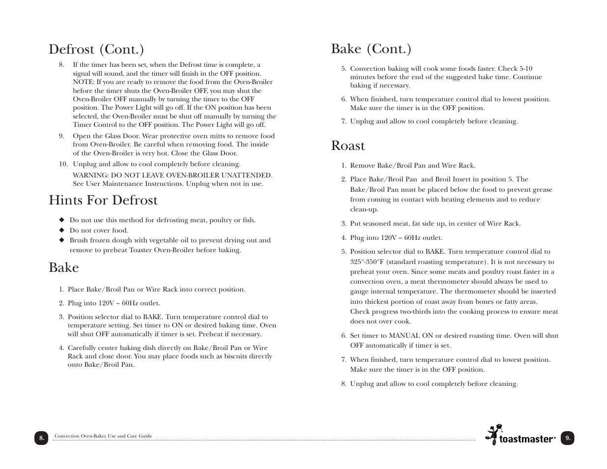 Bake (cont.), Roast, Defrost (cont.) | Hints for defrost, Bake | Toastmaster TCOV6R User Manual | Page 9 / 33