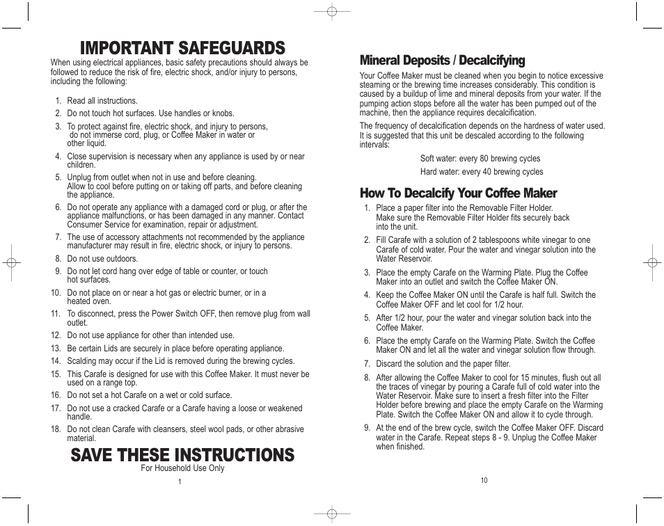 Important safeguards, Save these instructions, Mineral deposits / decalcifying | How to decalcify your coffee maker | Toastmaster ME5CB User Manual | Page 11 / 12