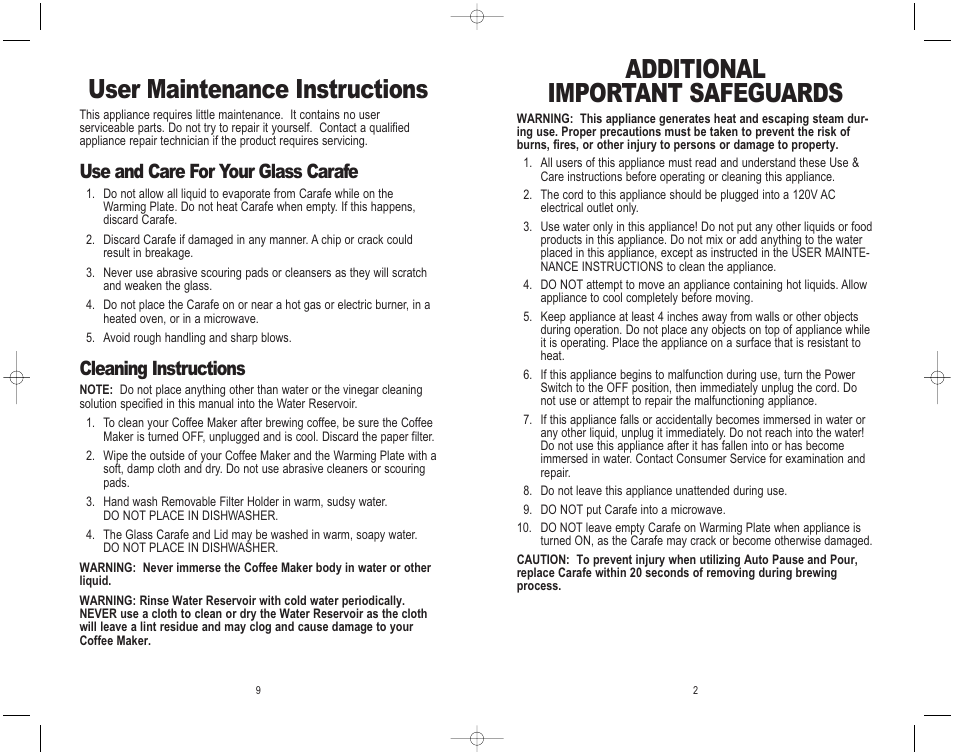 User maintenance instructions, Additional important safeguards, Use and care for your glass carafe | Cleaning instructions | Toastmaster ME5CB User Manual | Page 3 / 12