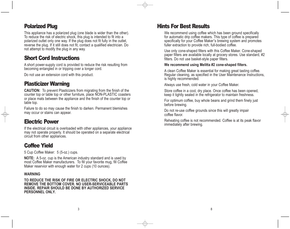 Hints for best results, Polarized plug, Short cord instructions | Plasticizer warning, Electric power, Coffee yield | Toastmaster ME5CB User Manual | Page 4 / 12