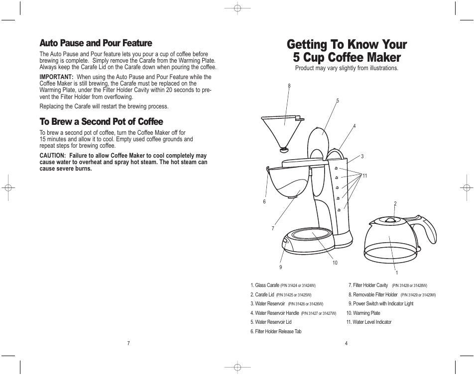 Getting to know your 5 cup coffee maker, Auto pause and pour feature | Toastmaster ME5CB User Manual | Page 5 / 12