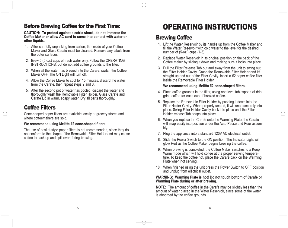 Operating instructions, Brewing coffee, Before brewing coffee for the first time | Coffee filters | Toastmaster ME5CB User Manual | Page 6 / 12