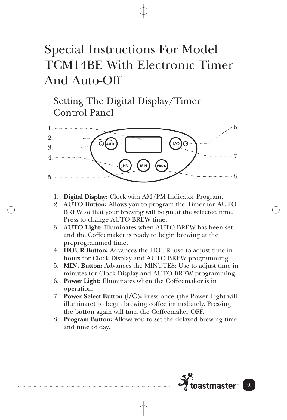 Setting the digital display/timer control panel | Toastmaster TCM14BE User Manual | Page 10 / 16