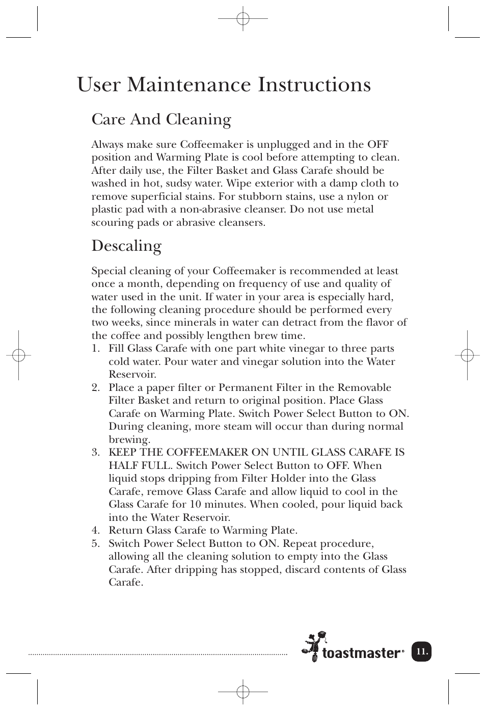 User maintenance instructions, Care and cleaning, Descaling | Toastmaster TCM14BE User Manual | Page 12 / 16