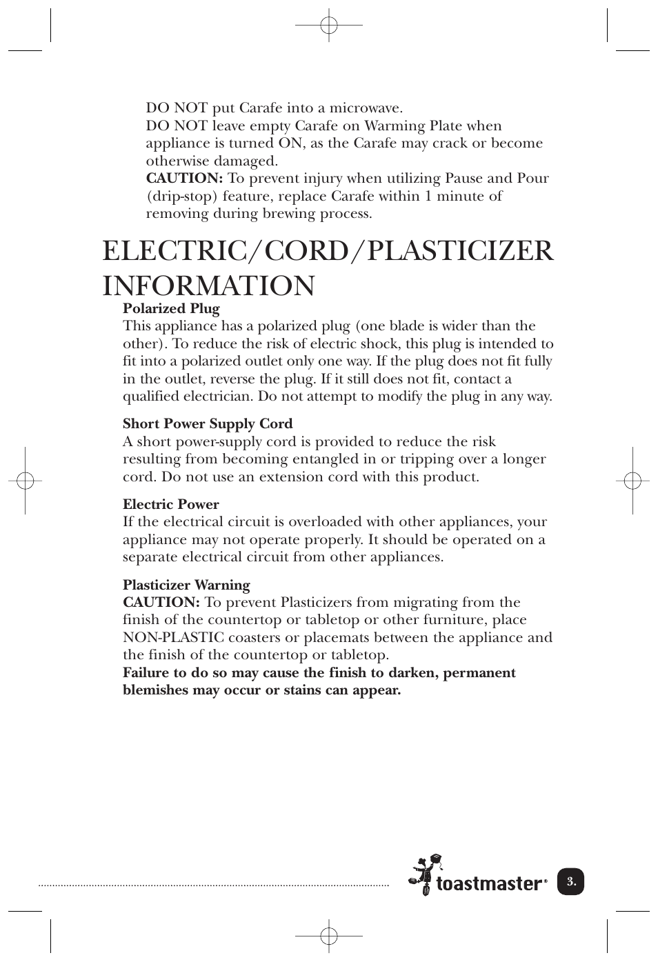 Electric/cord/plasticizer information | Toastmaster TCM14BE User Manual | Page 4 / 16