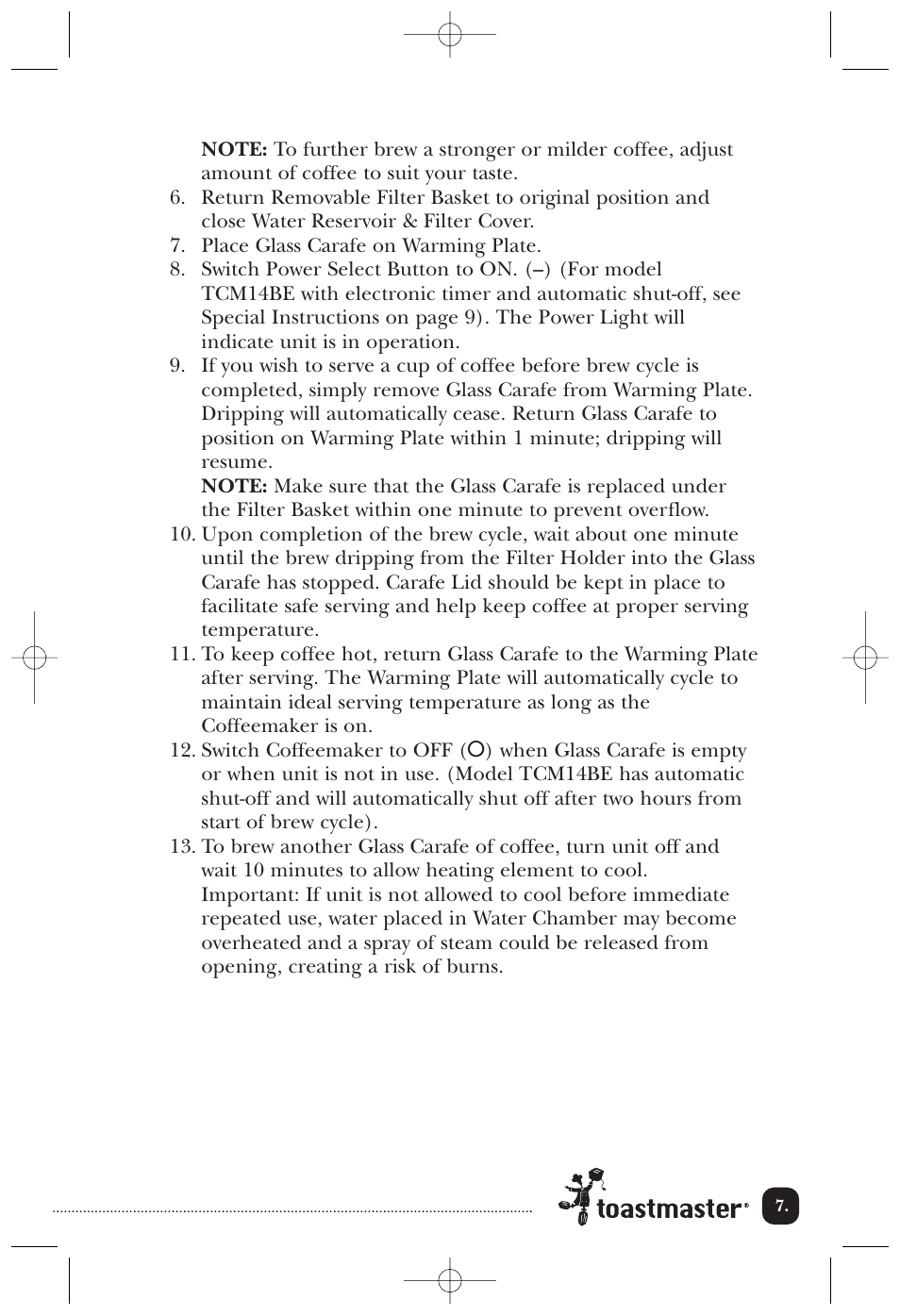 Toastmaster TCM14BE User Manual | Page 8 / 16