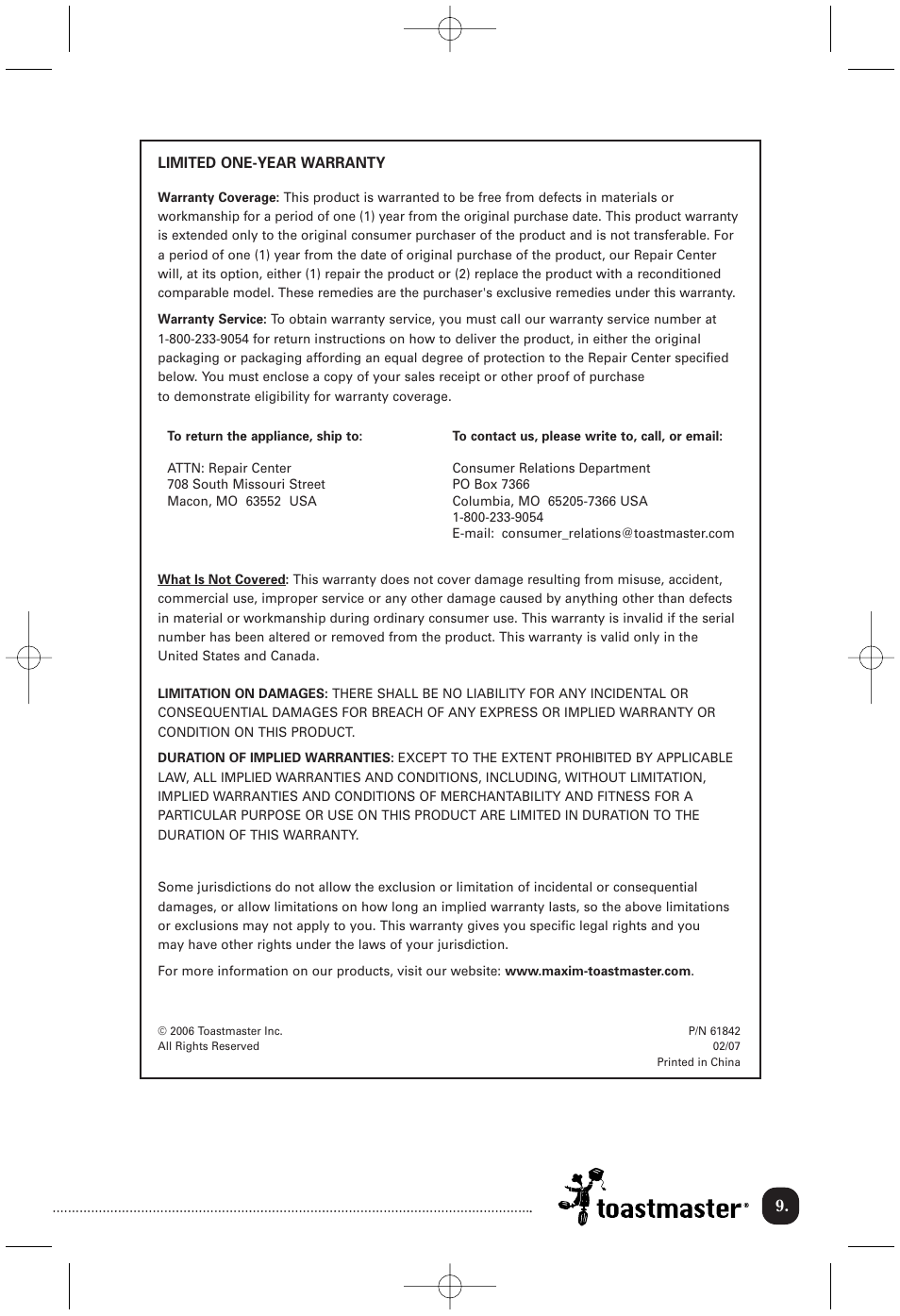 Toastmaster TCM12PB User Manual | Page 10 / 13