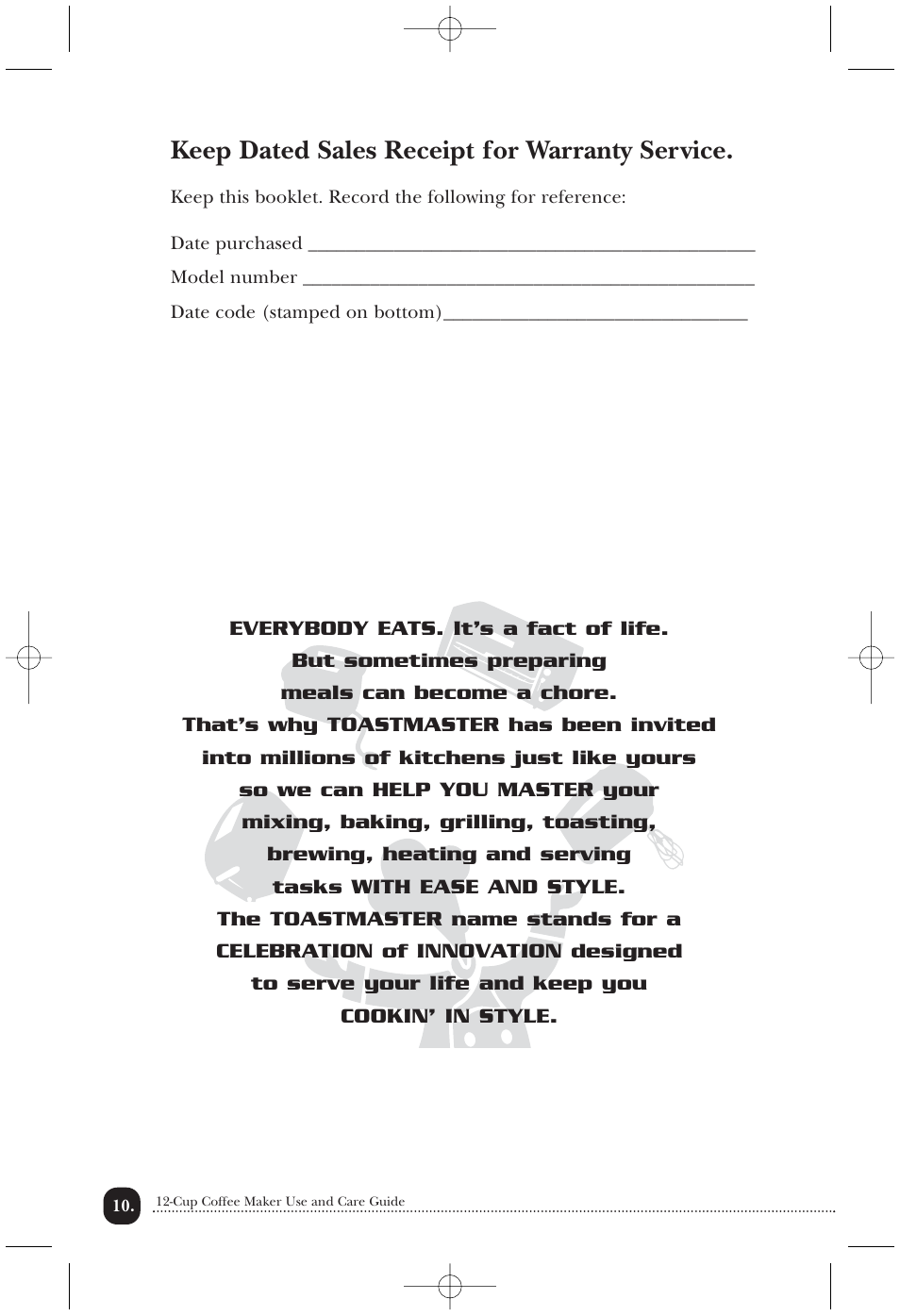 Keep dated sales receipt for warranty service | Toastmaster TCM12PB User Manual | Page 11 / 13