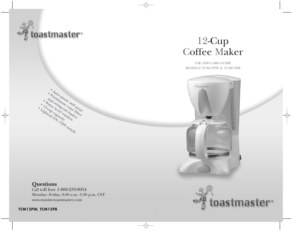 12 -cup c offee m aker | Toastmaster TCM12PB User Manual | Page 13 / 13