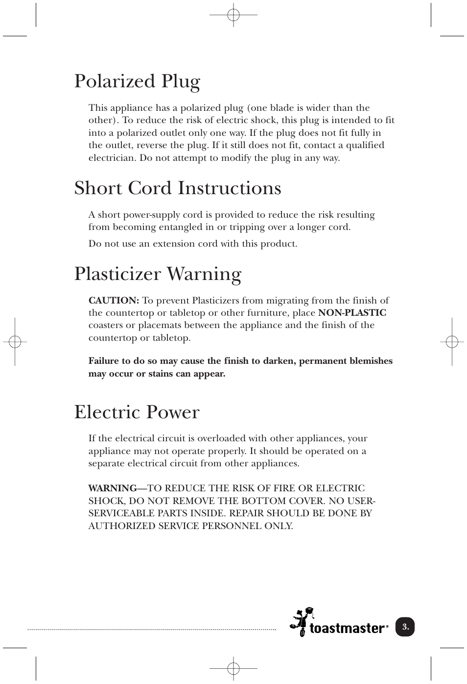 Polarized plug, Short cord instructions, Plasticizer warning | Electric power | Toastmaster TCM12PB User Manual | Page 4 / 13