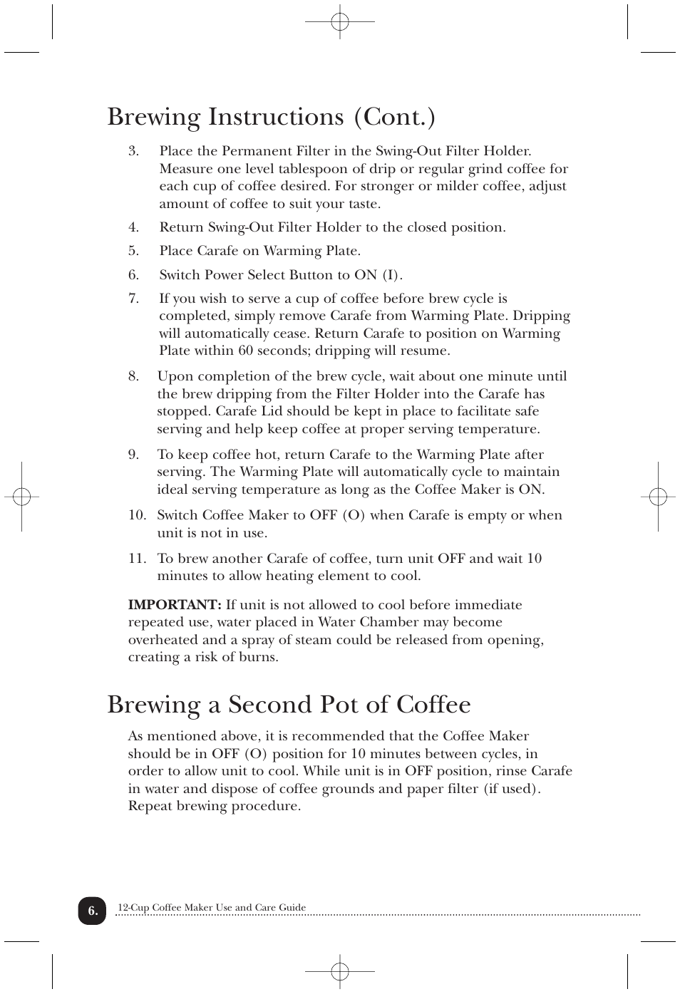 Brewing instructions (cont.), Brewing a second pot of coffee | Toastmaster TCM12PB User Manual | Page 7 / 13