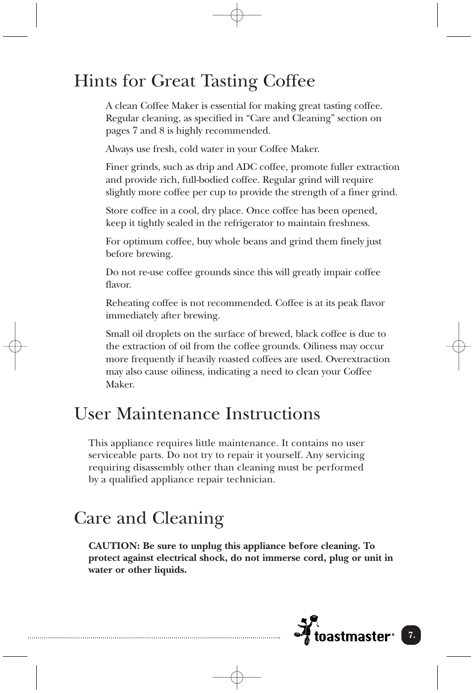 Hints for great tasting coffee, User maintenance instructions, Care and cleaning | Toastmaster TCM12PB User Manual | Page 8 / 13