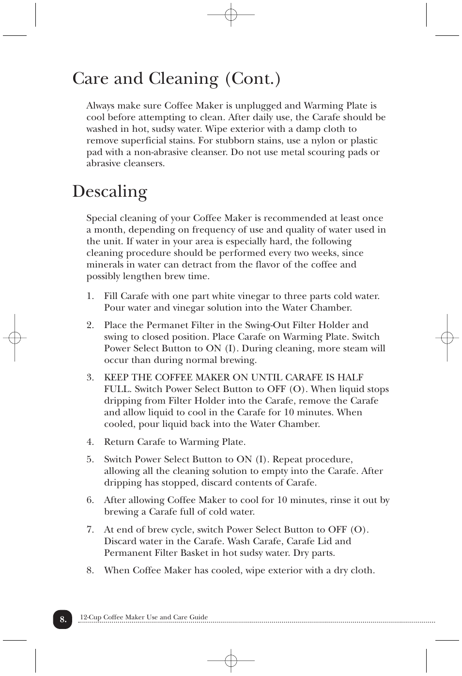 Care and cleaning (cont.), Descaling | Toastmaster TCM12PB User Manual | Page 9 / 13